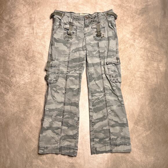 Nori Low Rise Boot Cut Denim Camo Cargo Pants Buckles Y2K Tactical Indie Sleaze - Picture 1 of 9